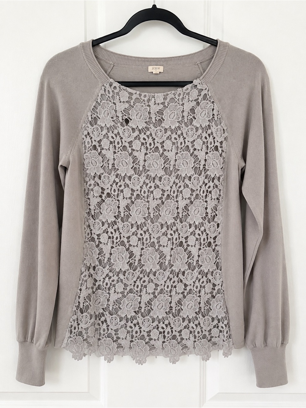 J. Crew Lace-Front Crewneck Sweater in Light Gray